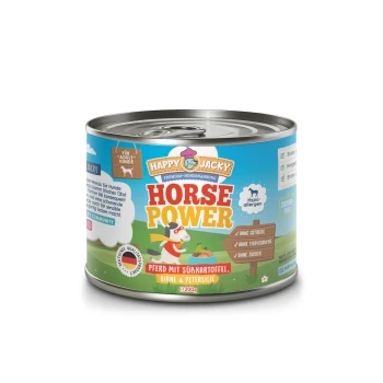 Dose Happy Jacky Horse Power Hundefutter, mit einem bunten Design und einem Cartoon-Pferd, gekennzeichnet als hypoallergen und zuckerfrei.