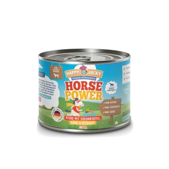 Dose Happy Jacky Horse Power Hundefutter, mit einem bunten Design und einem Cartoon-Pferd, gekennzeichnet als hypoallergen und zuckerfrei.
