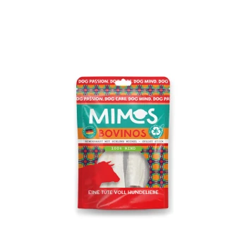 MIMOS Bovinos Hundeleckerli-Tüte mit buntem Design, roter Kuhsilhouette und Text "100% Rind" und "Eine Tüte voll Hundeliebe."