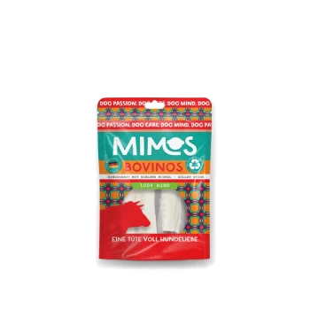 MIMOS Bovinos Hundeleckerli-Tüte mit buntem Design, roter Kuhsilhouette und Text "100% Rind" und "Eine Tüte voll Hundeliebe."