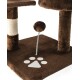 Brauner Katzenbaum mit einer plüschigen Oberfläche, mit einem Feder-Spielzeug und einem Pfotenabdruckdesign an der Basis.