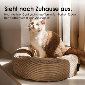 Creme-braune Katze in einem beigen Cord-Rundbett auf einer sonnigen Fensterbank; Text oben: "Sieht nach Zuhause aus."