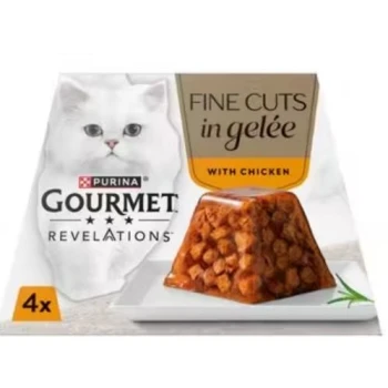 Purina Gourmet Revelations Fine Cuts in Gelée with Chicken, featuring a pyramid-shaped serving on a plate and a white cat image.