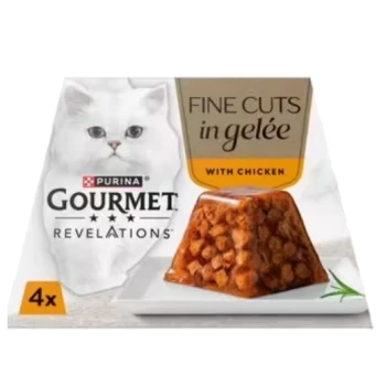 Purina Gourmet Revelations Fine Cuts in Gelée with Chicken, featuring a pyramid-shaped serving on a plate and a white cat image.
