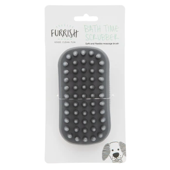 Furrish Bath Time Scrubber: gray rubber pet brush with rounded nubs in packaging showing brand text and dog icon