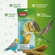 Bunte PANTO Kolbenhirse Vogelfutterverpackung mit drei Wellensittichen und einem Kanarienvogel, die natürliche Zutaten und Vorteile zeigt.