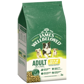 Grüne Tüte James Wellbeloved Hundefutter für Erwachsene, reich an Lamm & Reis, hypoallergen, 2 kg, mit Bildern von drei Hunden.