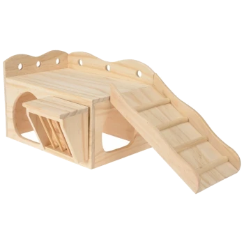 Structure d'escalade en bois pour animaux de compagnie avec une rampe, plusieurs niveaux et un petit compartiment caché, idéale pour les petits animaux.