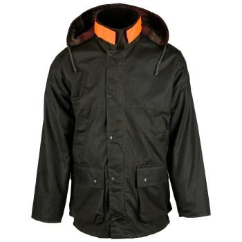 Dunkelgrüne wasserdichte Jagdjacke mit orangefarbenen Kragenakzenten und kariert gefütterter Kapuze, mit Fronttaschen und Druckknöpfen.