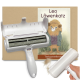 Ein Haustierhaareentferner-Werkzeug wird neben einem Cartoon-Löwencharakter auf einer Verpackung mit der Aufschrift "Leo Löwenkatz" und "Tierhaarenferner" gezeigt.