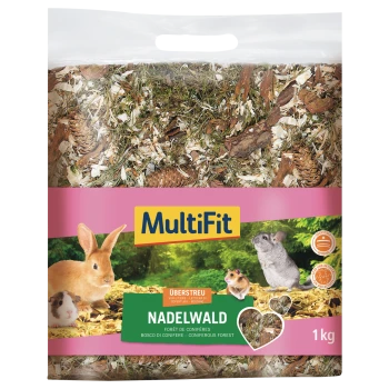 MultiFit Einstreubeutel mit der Aufschrift 'NADELWALD' 1 kg, Nadelwald-Einstreu für Kaninchen, Meerschweinchen, Hamster und Chinchilla.