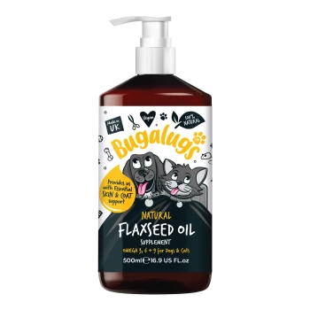Flasche Bugalugs natürliches Leinsamenöl-Ergänzungsmittel für Hunde und Katzen, 500 ml, vegan, 100 % natürlich, in Großbritannien hergestellt.