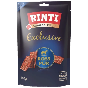 RINTI Singlefleisch Exclusive Ross Pur 140 g Beutel, Pferdefleisch-Leckerlis mit Pferdesymbol und der Aufschrift ‚1 Protein SINGLE getreidefrei‘.