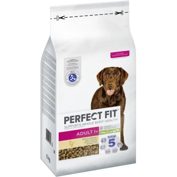 Adult 1+ z kurczakiem M/L 6kg Torba karmy dla psów "Perfect Fit" 6 kg dla dorosłych, z brązowym psem, twierdzi, że wspiera zdrowie całego ciała i jest bogata w kurczaka.