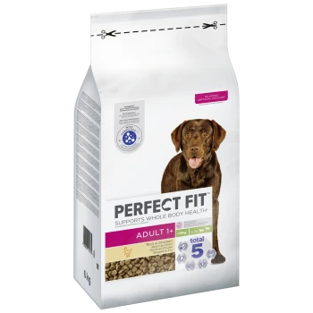 "Perfect Fit" 6 kg Hundefuttertüte für Erwachsene, mit einem braunen Hund, behauptet, die Gesundheit des gesamten Körpers zu unterstützen und ist reich an Huhn.