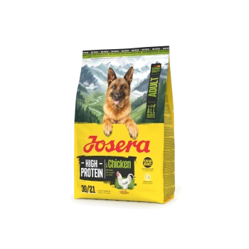 Josera High Protein Adult Hundefutter mit Huhn, deutsche Qualität, für alle Größen, mit einem Deutschen Schäferhund und Bergkulisse.