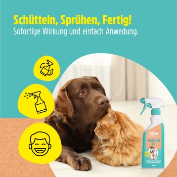 Desinfektionsmittel für Haustiere auf Biopolymerbasis, zur Vorbeugung von Giardien-Infektionen bei Hunden und Katzen.