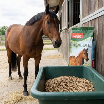 Ein braunes Pferd mit einer weißen Blässe frisst aus einer Schüssel neben einem Panto Pferdefutter Sack, der Vitamine und Omega-Fettsäuren betont.