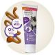 Beaphar Malt Paste Tube für Katzen, gekennzeichnet mit einer verspielten Katze, hebt die Vorteile für Haarballen und die Darmflora hervor. Braune Paste daneben.