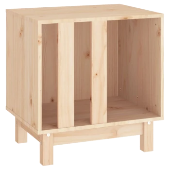 Holzaufbewahrungseinheit für Haustiere mit drei Fächern und kurzen Beinen, mit natürlichem Finish und einfachem Design.