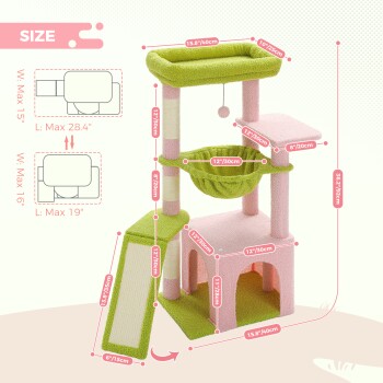 Maße und Merkmale eines Katzenbaums, einschließlich einer gemütlichen oberen Plattform, einem hängenden Spielzeug und einem Kratzbaum, mit Maßen in Zoll und Zentimetern.