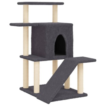 Grauer Katzenbaum mit mehreren Ebenen, einem gemütlichen Versteck und einer Rampe für einfachen Zugang. Ideal zum Klettern und Ausruhen.