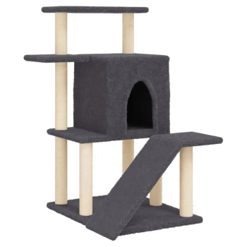Grauer Katzenbaum mit mehreren Ebenen, einem gemütlichen Versteck und einer Rampe für einfachen Zugang. Ideal zum Klettern und Ausruhen.