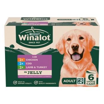 Winalot adult dog food box with smiling golden retriever; 2x chicken, 2x cod, 2x lamb & turkey in jelly, 6 x 400g cans