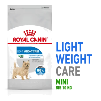 Royal Canin Light Weight Care Hundefutterbeutel, 10 kg, mit einer Illustration eines kleinen Hundes, behauptet, die Gewichtszunahme mit 88% nachgewiesenen Ergebnissen zu begrenzen.