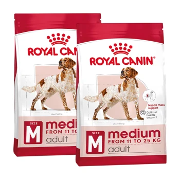 Zwei Tüten Royal Canin Hundefutter für mittelgroße erwachsene Hunde, mit einer Hundillustration und dem Text "Muskelmasseunterstützung."