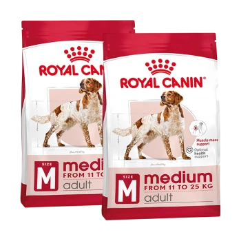 Zwei Tüten Royal Canin Hundefutter für mittelgroße erwachsene Hunde, mit einer Hundillustration und dem Text "Muskelmasseunterstützung."