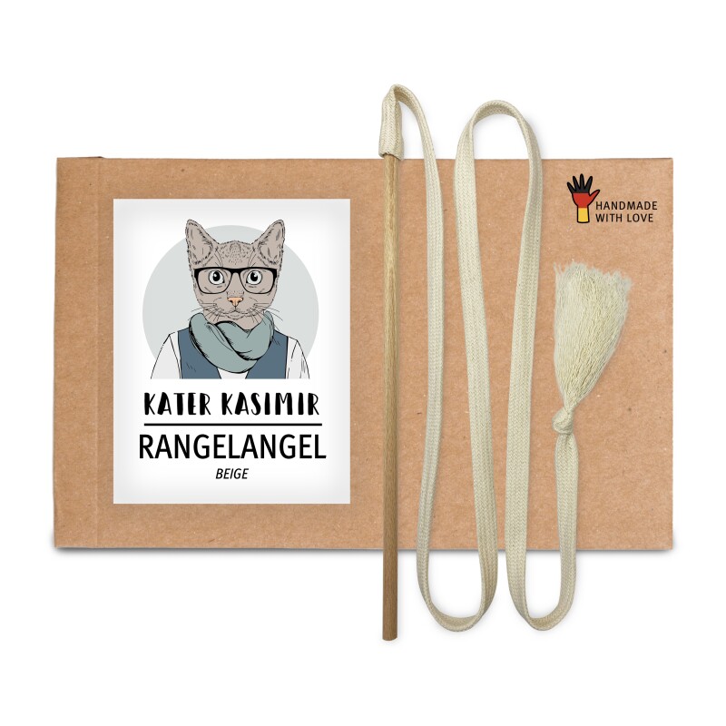 Kater Kasimir RANGELANGEL - Die natürliche Spielangel für Katzen aus Buchenholz mit Baumwollband (weiss)
