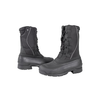 Schwarze wasserdichte Winterstiefel mit Schnürdesign und Gummisohlen, von vorne und von der Seite gezeigt.