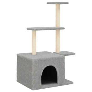 Grau Katzenbaum mit drei Plattformen und einem gemütlichen Versteck unten, entworfen zum Klettern und Ausruhen.