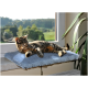 Eine entspannte getigerte Katze, die auf einem weichen blauen Kissen neben einem sonnigen Fenster liegt, mit grünen Bäumen, die draußen sichtbar sind.