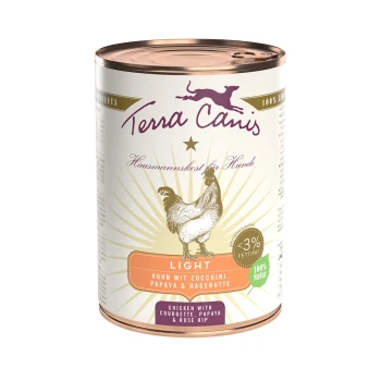 Nourriture pour chiens en conserve de Terra Canis, étiquetée "Light," contenant du poulet avec courgette, papaye et cynorrhodon.