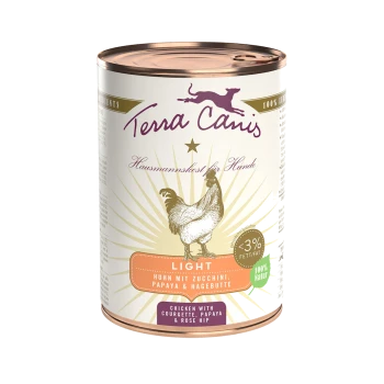 Dosenfutter für Hunde von Terra Canis, beschriftet mit "Light", mit Hühnchen, Zucchini, Papaya und Hagebutte.