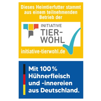 Etikett zur Förderung von Haustierfutter, das besagt, dass es von einem teilnehmenden Unternehmen der "Initiative Tierwohl" stammt, mit 100 % Hühnerfleisch aus Deutschland.