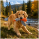 golden retriever tenant un jouet en peluche canard orange et gris près d'une rivière dans une forêt d'automne