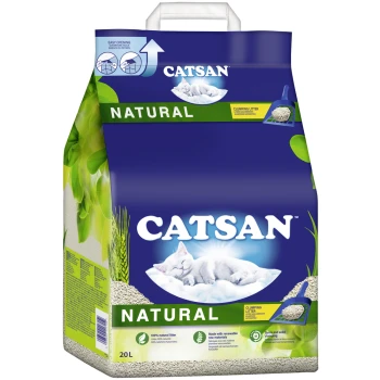 Sac de litière pour chat CATSAN Natural clumping, 20L, présentant un chat endormi sur un nuage, avec un texte mettant en avant "100% litière naturelle" et "ouverture facile."