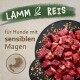 Lamm & Reis für Hunde mit sensiblen Magen, mit rohen Lammstücken auf einem schwarzen Teller, umgeben von Reiskörnern.