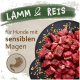 Lamm & Reis für Hunde mit sensiblen Magen, mit rohen Lammstücken auf einem schwarzen Teller, umgeben von Reiskörnern.