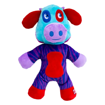 Jouet en peluche coloré pour chien : tête bleu sarcelle, museau violet, oreilles rouges, taches autour des yeux bleu/rouge, corps à rayures zébrées, tache ventrale rouge, étiquette 'KONG'.
