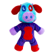 Jouet en peluche coloré pour chien : tête bleu sarcelle, museau violet, oreilles rouges, taches autour des yeux bleu/rouge, corps à rayures zébrées, tache ventrale rouge, étiquette 'KONG'.