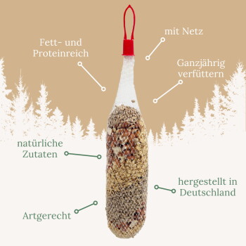 Netzbeutel mit Vogelfutter und rotem Aufhänger; deutscher Text: 'Fett- und Proteinreich', 'mit Netz', 'hergestellt in Deutschland'.