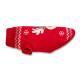 Roter gestrickter Hundepullover mit weißem Schneeflocken- und Rentiergeweihmuster, geripptem Kragen und Beinöffnungen.