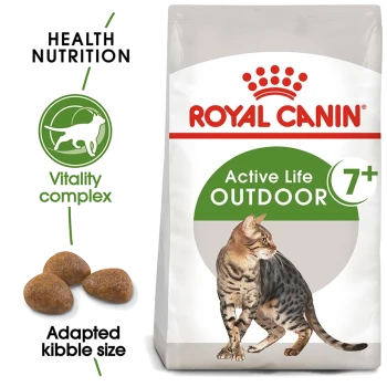 Royal Canin Active Life Outdoor cat food for cats 7+, featuring a Bengal cat image, adapted kibble size, and vitality complex.