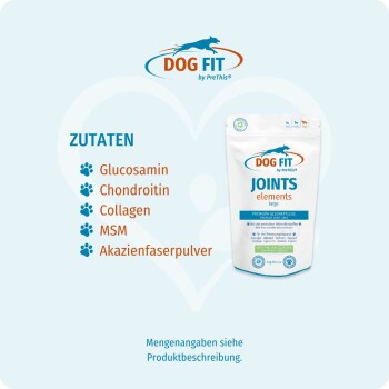 Dog FIT Joints Elements Verpackung mit Zutatenangabe: ZUTATEN Glucosamin, Chondroitin, Kollagen, MSM, Akazienfaserpulver