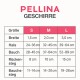 Größentabelle für das Pellina-Geschirr, die Maße für kleine (S), mittlere (M) und große (L) Größen in Zentimetern anzeigt.
