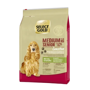 Select Gold Medium Senior Hundefutterbeutel, 11-25 kg, geeignet für Hunde über 8 Jahre. Enthält eine sensitive Formel mit Ente und Kartoffel.